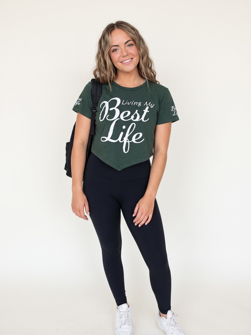 On Fire Women's Large Forest Green "Living My Best Life" V-Hem Cropped Graphic T